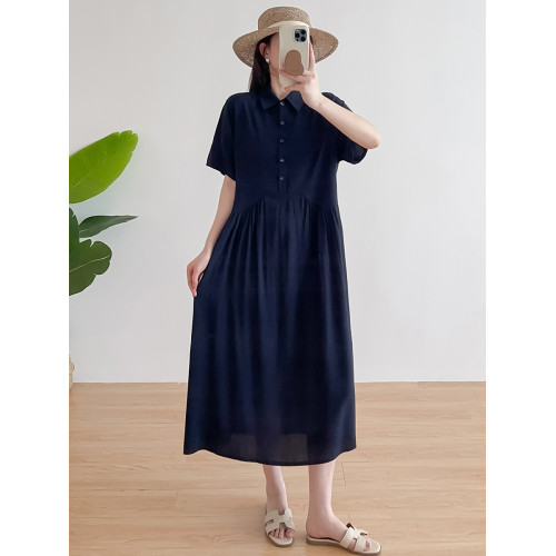 夏季棉綢連衣裙女2025年薄款寬松顯瘦翻領短袖人造棉大擺裙沙灘裙