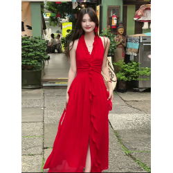 法式荷葉邊V領飄帶掛脖連衣裙女2025夏季新款度假風氣質無袖長裙