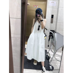 文藝巴洛克膚感白色無袖連衣裙女U領寬松A字吊帶裙白月光度假裙夏