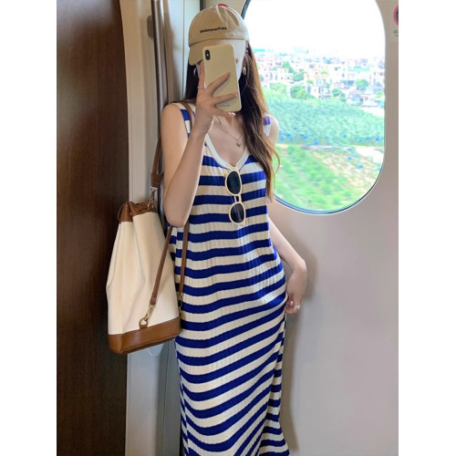 歐洲站法式氣質藍色無袖條紋連衣裙女夏2025新款小個子背心長裙子
