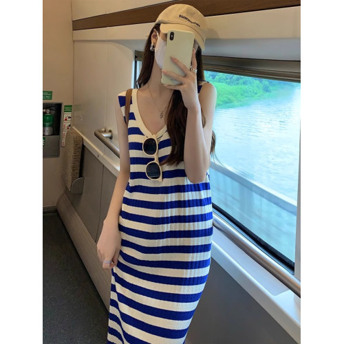 歐洲站法式氣質藍色無袖條紋連衣裙女夏2025新款小個子背心長裙子