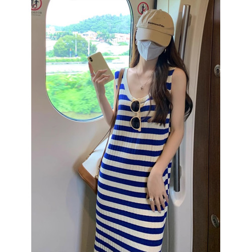 歐洲站法式氣質藍色無袖條紋連衣裙女夏2025新款小個子背心長裙子