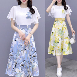 雪紡印花連衣裙仙女神範夏流行顯瘦優雅氣質時尚兩件套裝半身裙子