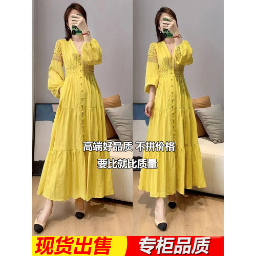 玫瑰的故事黃亦玫劉亦菲同款中袖V領黃色連衣裙女夏寬松法式裙子