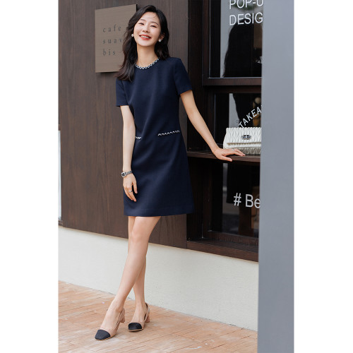Diisshia2025夏季新款小香風醋酸高級感裙子女氣質藏青色連衣裙