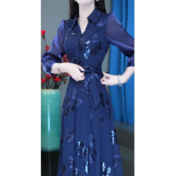 夢莎姿襯衫領印花連衣裙女2025年春季新款收腰顯瘦媽媽裝a字裙子