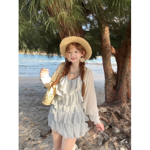 茄茄西米原創 [一點藍] 掛脖蕾絲吊帶蛋糕連衣裙甜美溫柔度假風夏