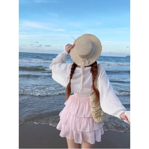 茄茄西米原創 [一點藍] 掛脖蕾絲吊帶蛋糕連衣裙甜美溫柔度假風夏