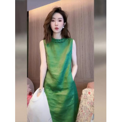 歐洲站綠色無袖棉麻亞麻連衣裙女夏季2025新款超好看法式茶歇裙子