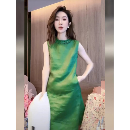 歐洲站綠色無袖棉麻亞麻連衣裙女夏季2025新款超好看法式茶歇裙子