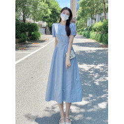 歐洲站2025新款冷淡風女裝高級感氣質法式長裙顯瘦藍色連衣裙女夏