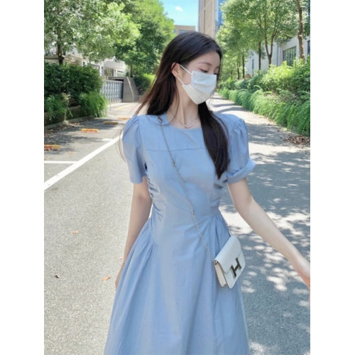 歐洲站2025新款冷淡風女裝高級感氣質法式長裙顯瘦藍色連衣裙女夏
