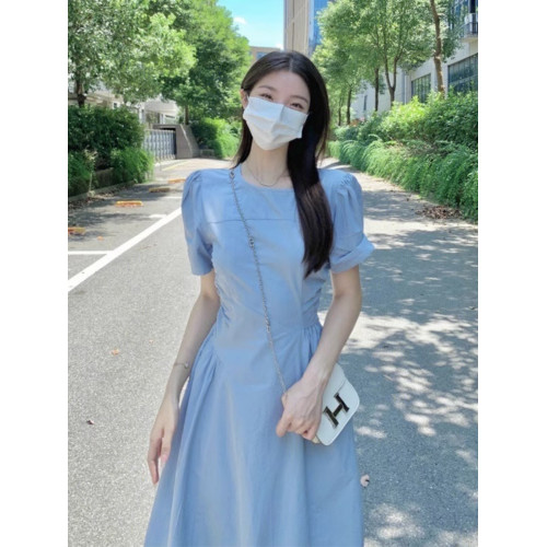 歐洲站2025新款冷淡風女裝高級感氣質法式長裙顯瘦藍色連衣裙女夏