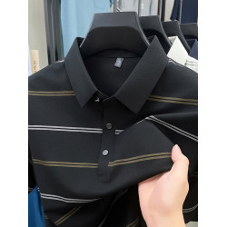 新款條紋polo衫短袖男T恤翻領男士短袖T恤夏季休閒polo上衣透氣新