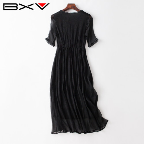 BXV黑色桑蠶絲連衣裙女中長款2025夏季新款顯瘦超仙長裙真絲裙子