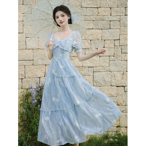 夏日絕美小裙子法式甜美氣質藍色碎花連衣裙獨特漂亮收腰顯瘦長裙