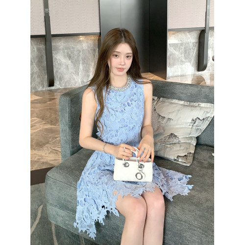 FFmiss◆高級感鑲鑽鏤空花朵蕾絲連衣裙女夏法式釘珠洋氣收腰短裙