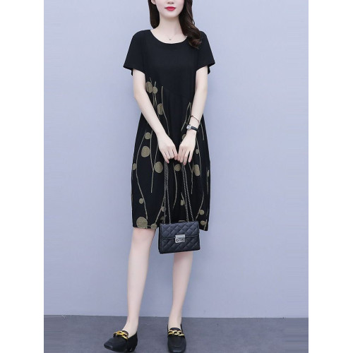 短袖連衣裙女2025夏季新款大碼女裝寬松顯瘦時尚印花氣質休閒裙子