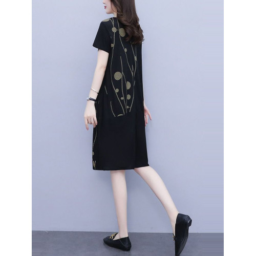 短袖連衣裙女2025夏季新款大碼女裝寬松顯瘦時尚印花氣質休閒裙子