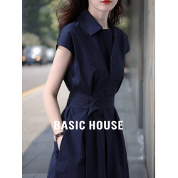 Basic House/百家好藏藍色短袖連衣裙女夏季收腰顯瘦POLO領襯衫裙