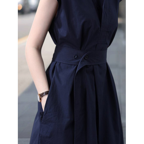 Basic House/百家好藏藍色短袖連衣裙女夏季收腰顯瘦POLO領襯衫裙