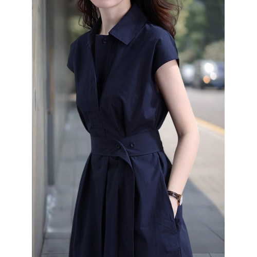Basic House/百家好藏藍色短袖連衣裙女夏季收腰顯瘦POLO領襯衫裙