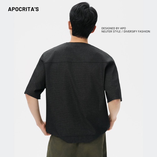 APO男裝 |夏季短袖男T恤潮牌拼接牛仔寬松休閒圓領內搭上衣打底