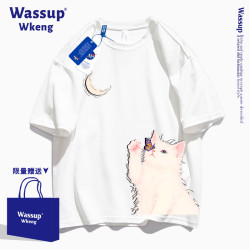 wassup聯名卡通小貓短袖男t恤2025新款夏季寬松純棉黑色半袖上衣