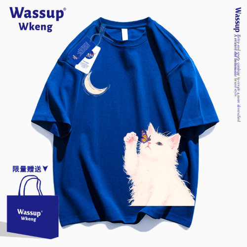 wassup聯名卡通小貓短袖男t恤2025新款夏季寬松純棉黑色半袖上衣