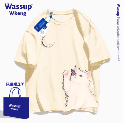 wassup聯名卡通小貓短袖男t恤2025新款夏季寬松純棉黑色半袖上衣