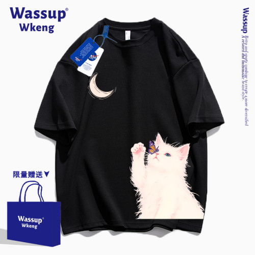 wassup聯名卡通小貓短袖男t恤2025新款夏季寬松純棉黑色半袖上衣