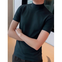 墨綠色半高領短袖男T恤秋冬季加厚純棉保暖上衣中領半袖體恤潮流