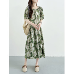 棉綢連衣裙女中長款2025夏裝新款人造棉圓領設計款中袖印花裙子