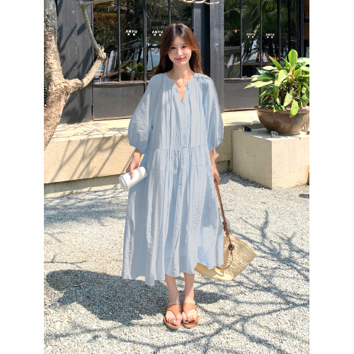 簡約減齡大碼連衣裙女夏新款溫柔風寬松胖mm孕婦遮肚顯瘦藍色長裙