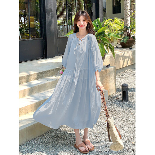 簡約減齡大碼連衣裙女夏新款溫柔風寬松胖mm孕婦遮肚顯瘦藍色長裙