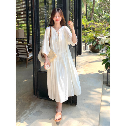 簡約減齡大碼連衣裙女夏新款溫柔風寬松胖mm孕婦遮肚顯瘦藍色長裙
