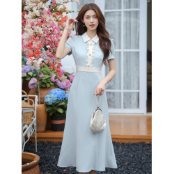 2025新款法式溫柔氣質禦姐藍色連衣裙女夏小個子絕美收腰顯瘦長裙