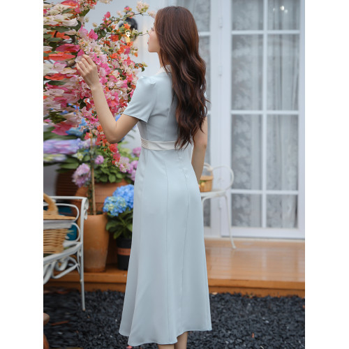 2025新款法式溫柔氣質禦姐藍色連衣裙女夏小個子絕美收腰顯瘦長裙
