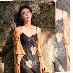 張馨予明星同款新中式印花吊帶連衣裙女氣質百搭開衫高級感兩件套