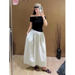 韓系撞色掐腰假兩件斜肩連衣裙女夏季高級感收腰顯瘦氣質a字長裙