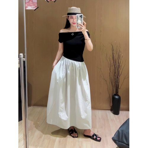 韓系撞色掐腰假兩件斜肩連衣裙女夏季高級感收腰顯瘦氣質a字長裙