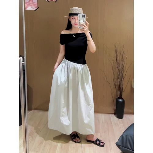 韓系撞色掐腰假兩件斜肩連衣裙女夏季高級感收腰顯瘦氣質a字長裙