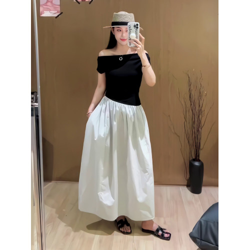 韓系撞色掐腰假兩件斜肩連衣裙女夏季高級感收腰顯瘦氣質a字長裙