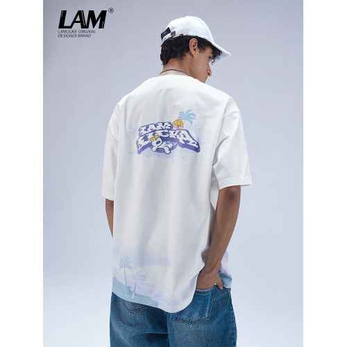LAMLICKA歐美高街滿印短袖潮牌男t恤oversize潮流情侶裝寬松半袖
