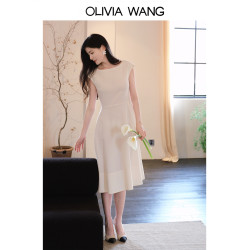 OLIVIA WANG“女神裙”法式顯瘦氣質禮服裙子日常醋酸白色連衣裙