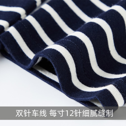 雙絲光棉深藍條紋長袖t恤t恤男士長袖高級級海魂衫女款圓領男t恤