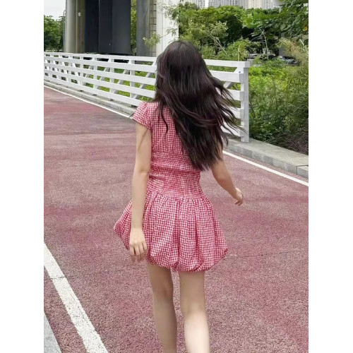 虞書訢同款紅色格子短袖連衣裙女夏季收腰顯瘦氣質蓬蓬a字短裙子