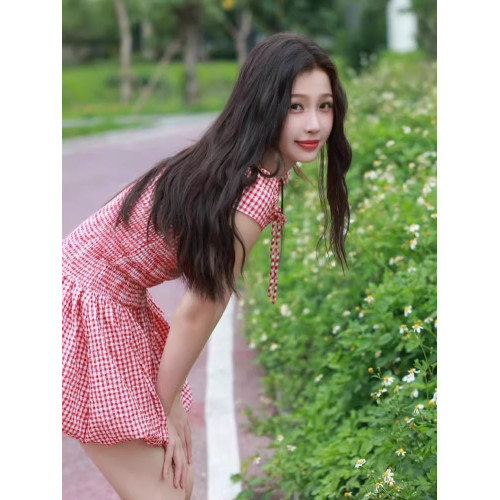 虞書訢同款紅色格子短袖連衣裙女夏季收腰顯瘦氣質蓬蓬a字短裙子