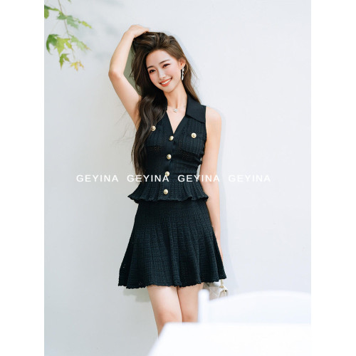 GEYINA高定2025早秋新款S經典黑無袖V領露肩P收腰短裙針織連衣裙