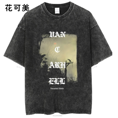 十字架新款夏季歐美潮牌搞笑創意滑稽印花水洗做舊短袖男t恤